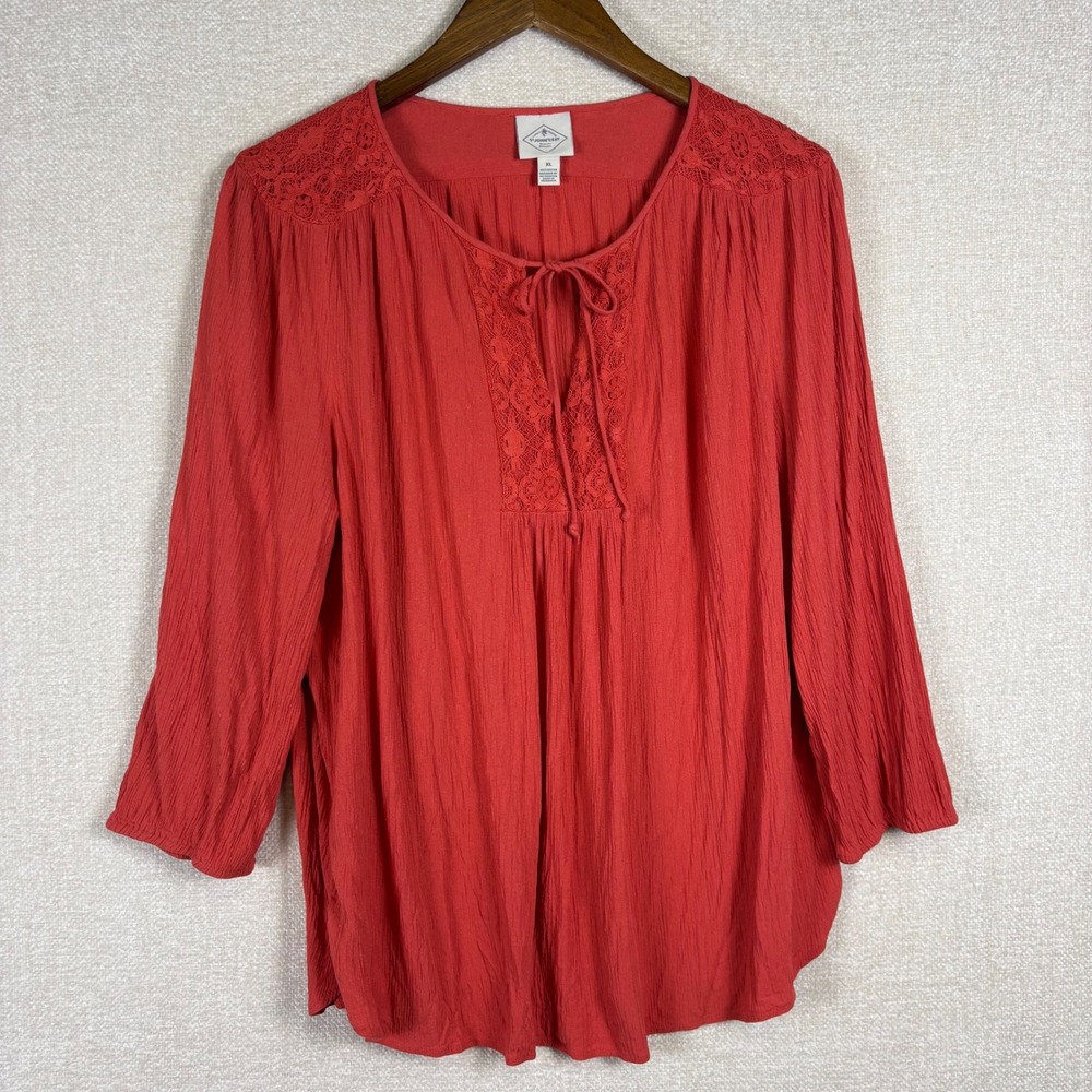 St Johns Bay Womens XL Rust Red Lace Peasant Blouse 3/4 Sleeve Rayon Boho Top